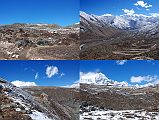 02 Trek Up Zig Zag Trail With View Back To Nyalam And Ahead To Tsha Tung, Eiger Peak, Pemthang Karpo Ri, Triangle, and Pemthang Ri After driving 2.5km north of Nyalam (3800m) to an altitude of 3918m, Gyan and I start our trek to Tara Tso at 10:30. After climbing the zig zag trail I look back to Nyalam and ahead to Tsha Tung, Eiger Peak, Pemthang Karpo Ri, Triangle, and Pemthang Ri.